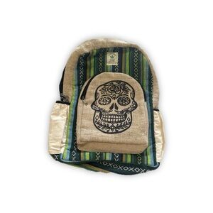 Hemp Campus Backpack Featuring a Sugar Skull Design on Front Pocket